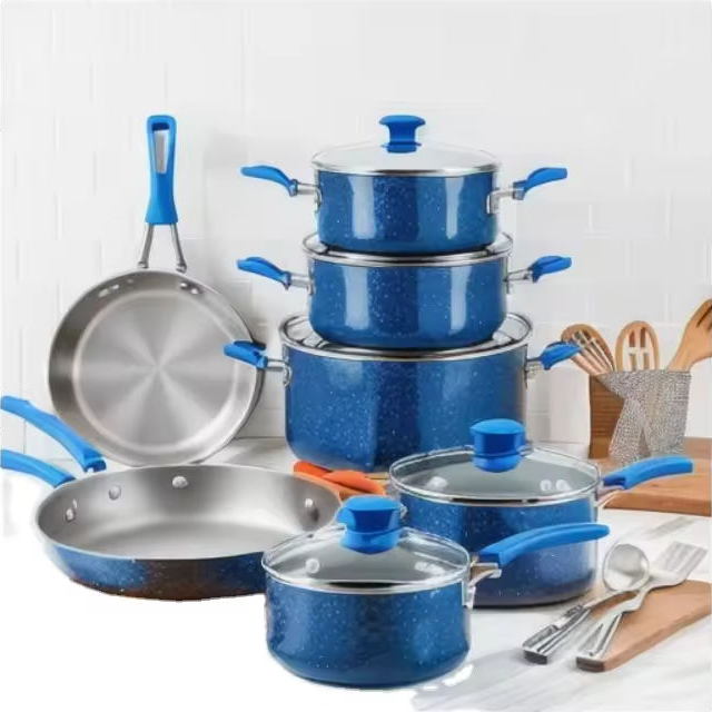 প্রতিযোগী মূল্য গ্রিল প্যান সহ কুকওয়্যার সেট 13 পিস কুকওয়্যার সেট ব্র্যান্ডেড ডাবল গ্রানাইট প্রলিপ্ত কুকওয়্যার সেট