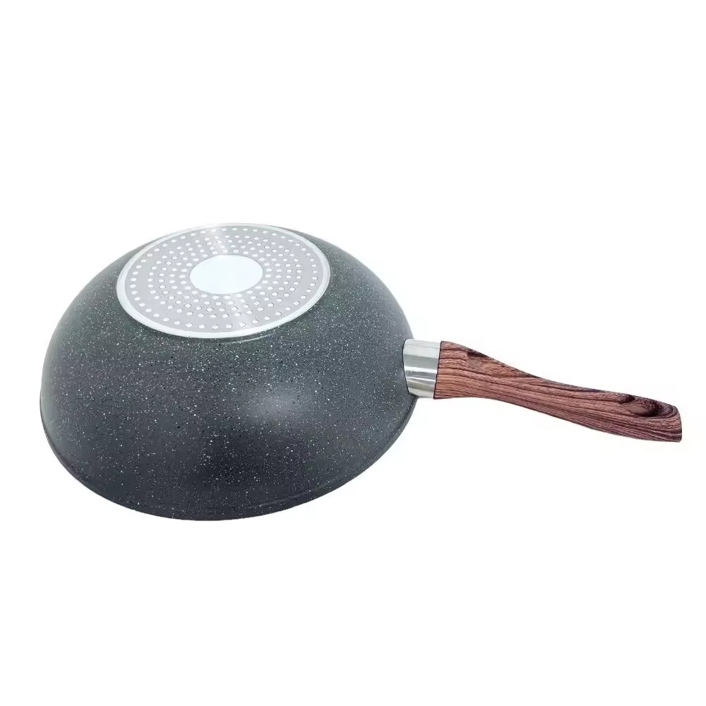মেডিক্যাল স্টোন কিচেন নন স্টিক লেপ অ্যালুমিনিয়াম ফ্রাইং প্যান উইথ কাঠের হাতল কুকওয়্যার সেট